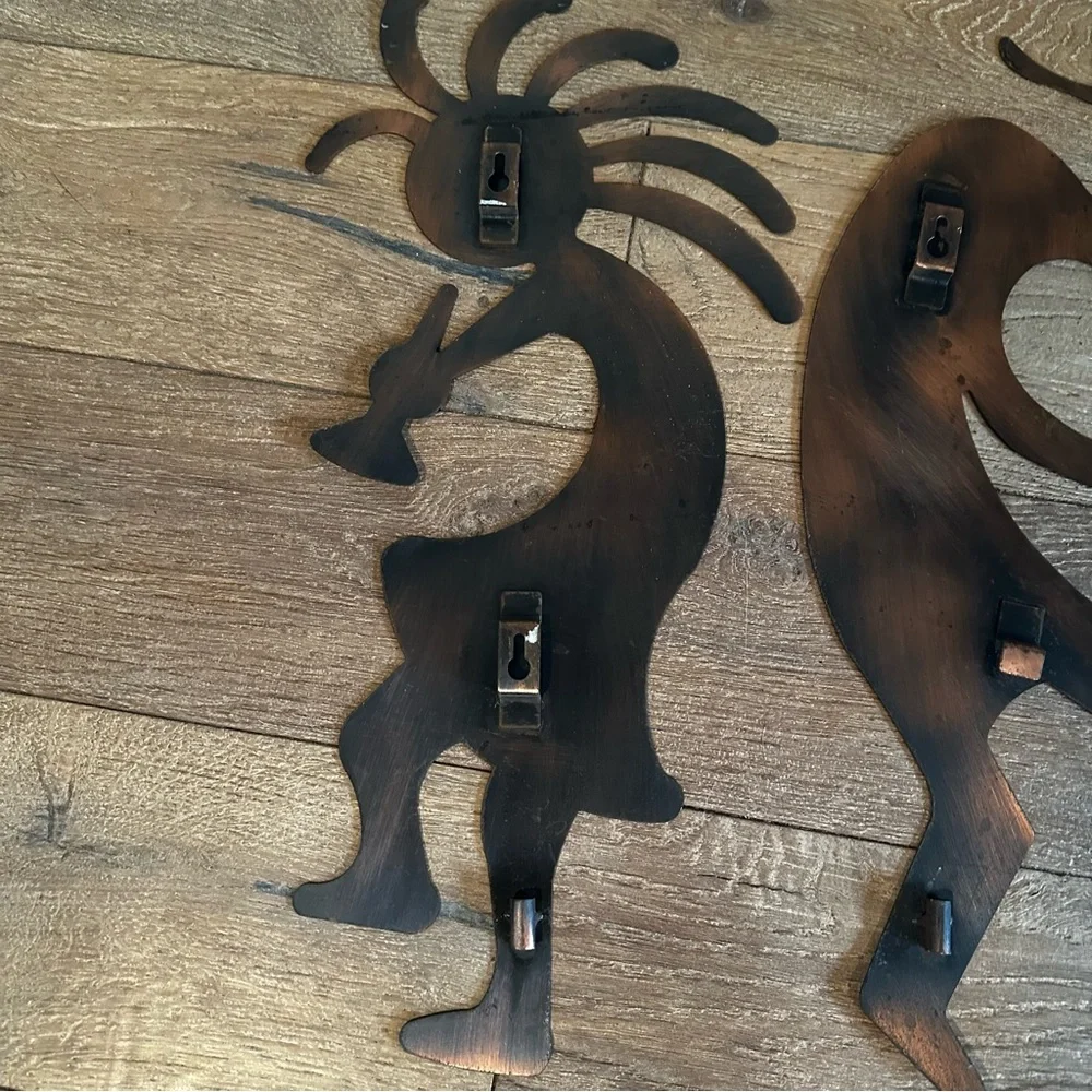 Vintage Large Kokopelli Metal Wall Art Pair Of 2 Copper Finish Boho Musician 20”